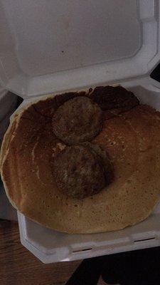 2 giant pancakes and turkey sausage,,,