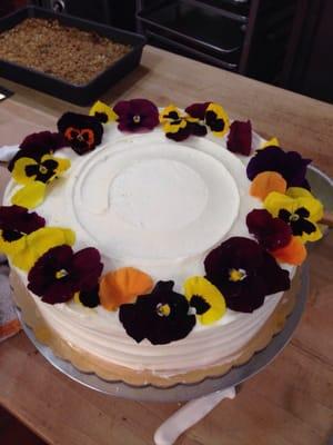 Delicious special order cake with fresh edible flowers