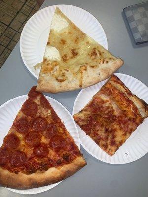 White pizza, pepperoni and Sicilian slice