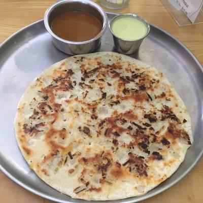 Onion Uthappam served with Sambar and Chutney