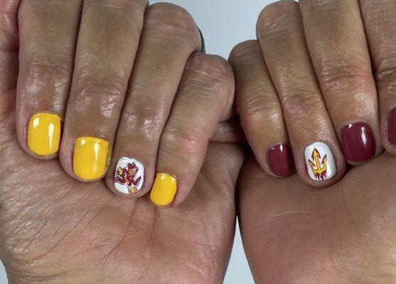 Liv from Sage Nails is amazing with her art work! Asked her to paint the logos of ASU on my nails, she nailed it!
