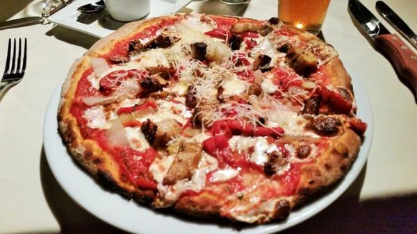 Pork belly, onion, and roasted red pepper, wood-fired pizza.