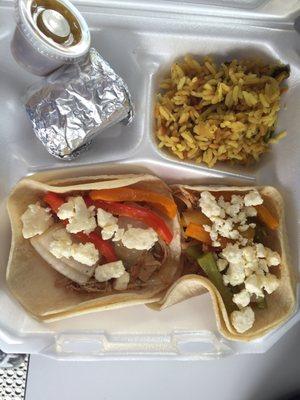 Pork tacos, Caribbean rice, & fiesta corn on the cob!