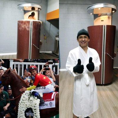 Horse racing and Hall of Fame jockey Mike Smith getting a freeze in before opening day races at Del Mar race track.