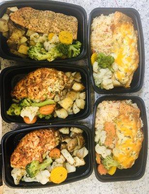 Stuff chicken breast with Parmesan roasted potatoes and veggie medley, honey lemon salmon and stuff salmon with cheese and artichokes,