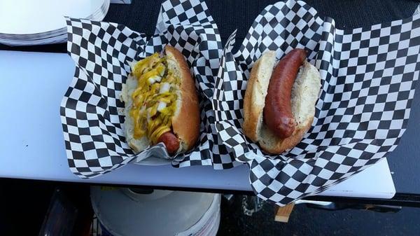 "The German" one loaded up with free sauerkraut mustard, other one naked