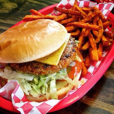 Veggie burger w/sweet potato fries! It's not made from scratch, but it's nice to have a veg option @ this little burger joint.