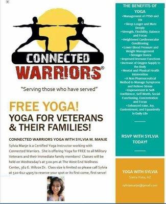 Yoga for Veterans and their family members at NO COST 3-4pm.
362 E WILCOX Dr.