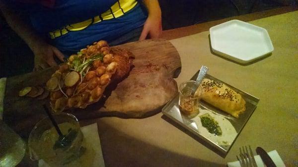 Ham and cheese appetizer, and chicken and waffles! Holy smokes, super happy!!