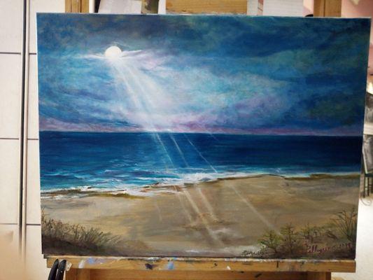 One of my Oil Paintings.
Once In A Blue Moon.
Sold to a collector in NY.
I can recreate any of my works similarly on any size canvas.