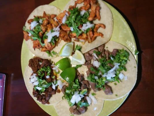 Pastor, Chorizo, and Bistec tacos