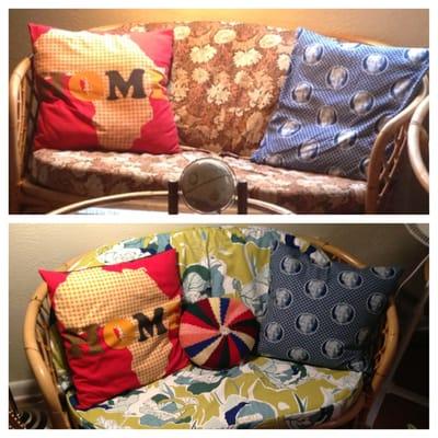 Large sofa cushions before with old brown fabric. After with green flowery fabric we asked J.D. to re-cover the cushions with.