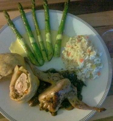 Quail two ways - in croat, and roast. with rice pilaf and asparagus in hollandaise.