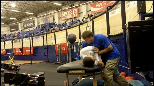 Working on Dr Dan McGehee, ultra marathon cyclist, at a world indoor record attempt at Carson Velodrome in California.