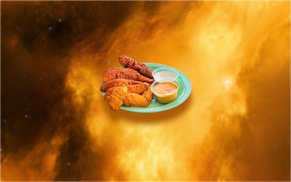 Fresh chicken tenders seasoned with your choice of heat level, w Firebird's dipping sauce.