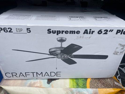 Replacement ceiling fan delivered to the trunk of my car.