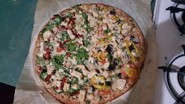 That same pizza now toasted up! Perfect amount of cheese, awesome veggies, delicious sauce. Great deal!