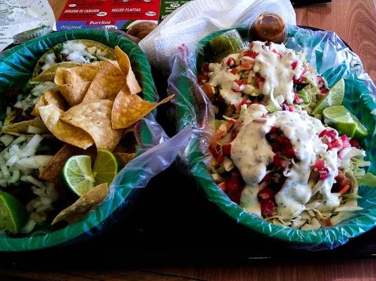 Fish Taco(bottom right), Shrimp Taco(top right), 3x Carne Asada Tacos (left)