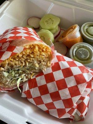 Burrito with rice, refried beans, cabbage, cilantro, and onions