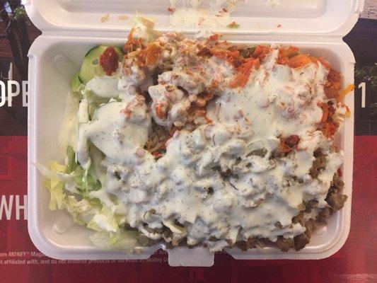 Combination platter (chicken/beef/lamb) with rice and salad (~$7).