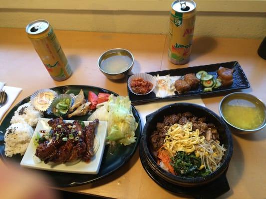 Dolsot bibimbap, sweet ribs plate, 2 ariZona and free 2 soups. The owner got us 6 free gyoza and 2 water bottles