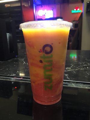 Mango, strawberry, guava smoothie. All fruit and fruit nectar; no fillers!