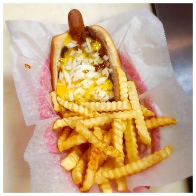 Chili cheese dog with fries