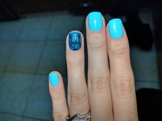 Gel mani - the ring finger has a dream catcher and color changing gel!