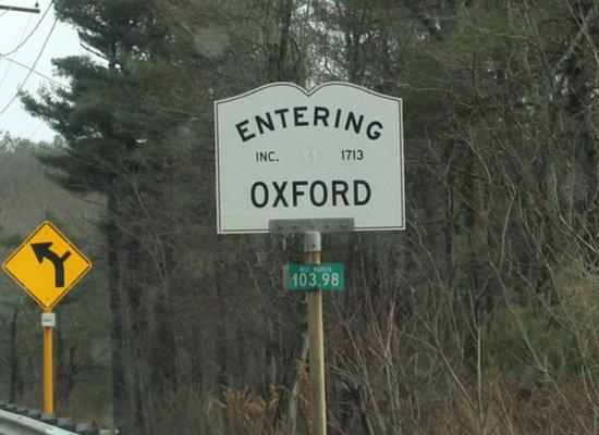 Entering Oxford Sign from Charlton, Massachusetts.