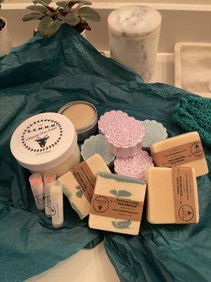 Gemmm Soaps, lip balm, shower steamers, lotion bars, and shea butter.