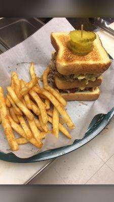 Double decker BBQ sandwich and fry. Delicious