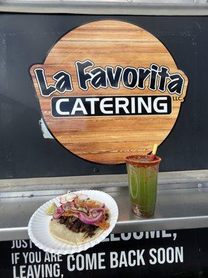 Tacos Perron with a cucumber agua fresca