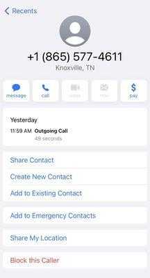 Proof of my phone call and a 49 second long detailed voicemail.