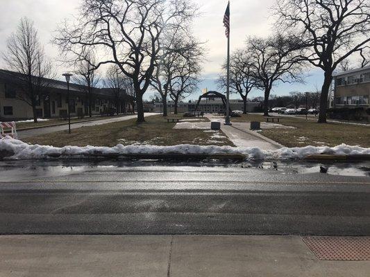 A view of the school and courtyard from the church's perspective