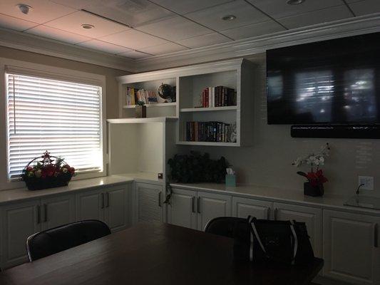 Conference room has executive table/leather seats, flat screen, HDMI connections and whiteboard. Beautiful outside patio adjoined.