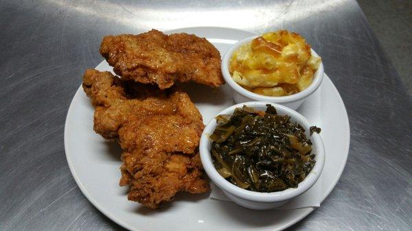 Our amazing southern fried chicken with honey buttermilk batter. Collard green's, Mac and cheese.