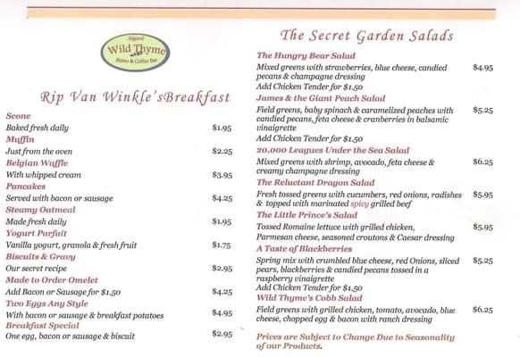 Wild Thyme Breakfast & Salad Menu