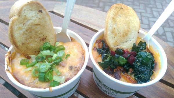 Chili w/ roasted anaheims, poblanos, & jalepenos + cheese & g. onions. Carrot Ginger + kale & carrot chips & fresh beets