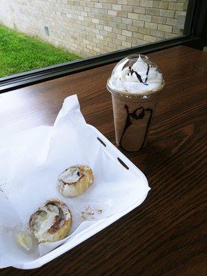 Mini cinnamon rolls and chocolate peanut butter frappe