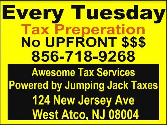 Every Tuesday from 5 pm to 9 pm, get your taxes done. Pay with your return and get a 24-48 hour advance too.