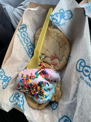 Sugar cookie with cotton candy ice cream and sprinkles