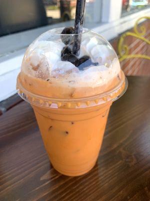 Thai tea with boba and whipped cream, so good!