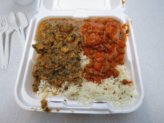 Chicken Spinach, Mixed Vegetable Curry, Rice. Flatbread included (not pictured).