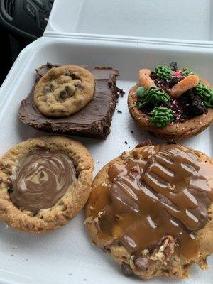 Button brownie, chocolate chip, peanut butter cup, turtle cookie