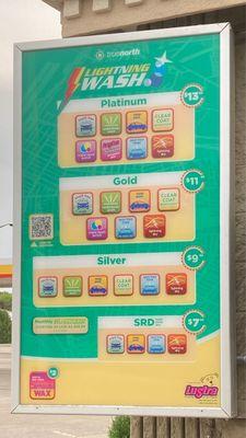 Car wash prices and options.
