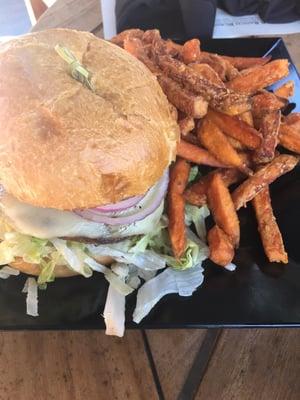 SoCal burger and amazing sweet potato fries. $15.50