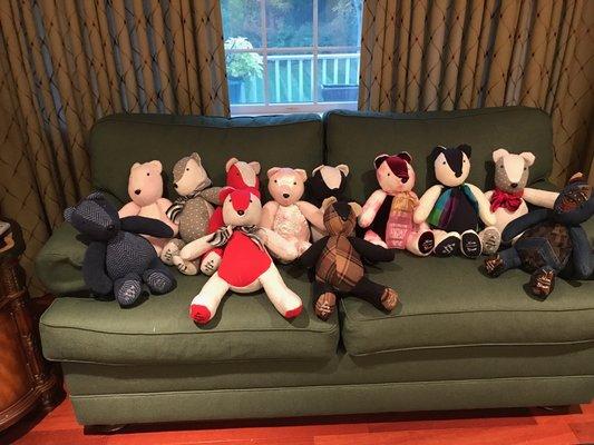 Memory bears made for a customer from her mother's close after she passed away for gifts for her family.