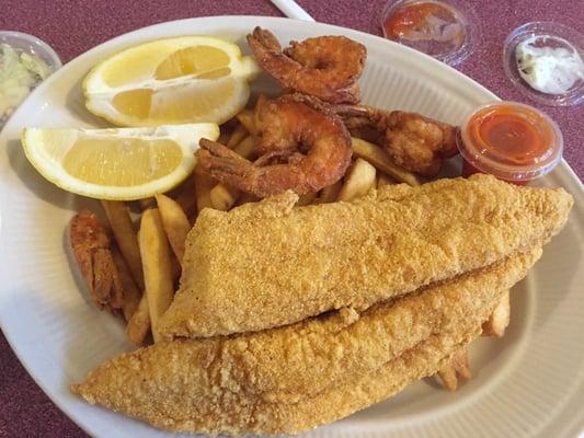 Walleye and shrimp. Great fries, too. Tartar sauce and cocktail sauce and cole slaw were all just right.