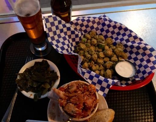 Small jambalaya, fried okra, collard greens and Abita Mardi Gras bock. Yum!
