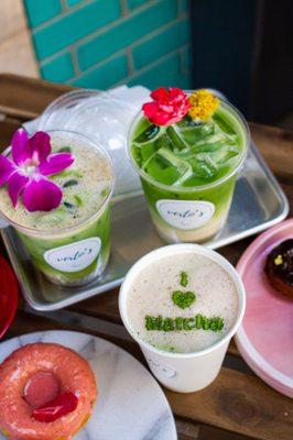 Ceremonial Matcha Latte with oat milk: hot or iced with edible flowers